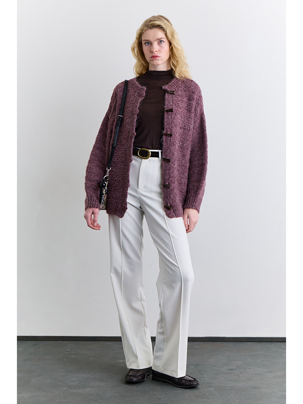 Geniş Düğmeli Triko Hırka Bordo-1