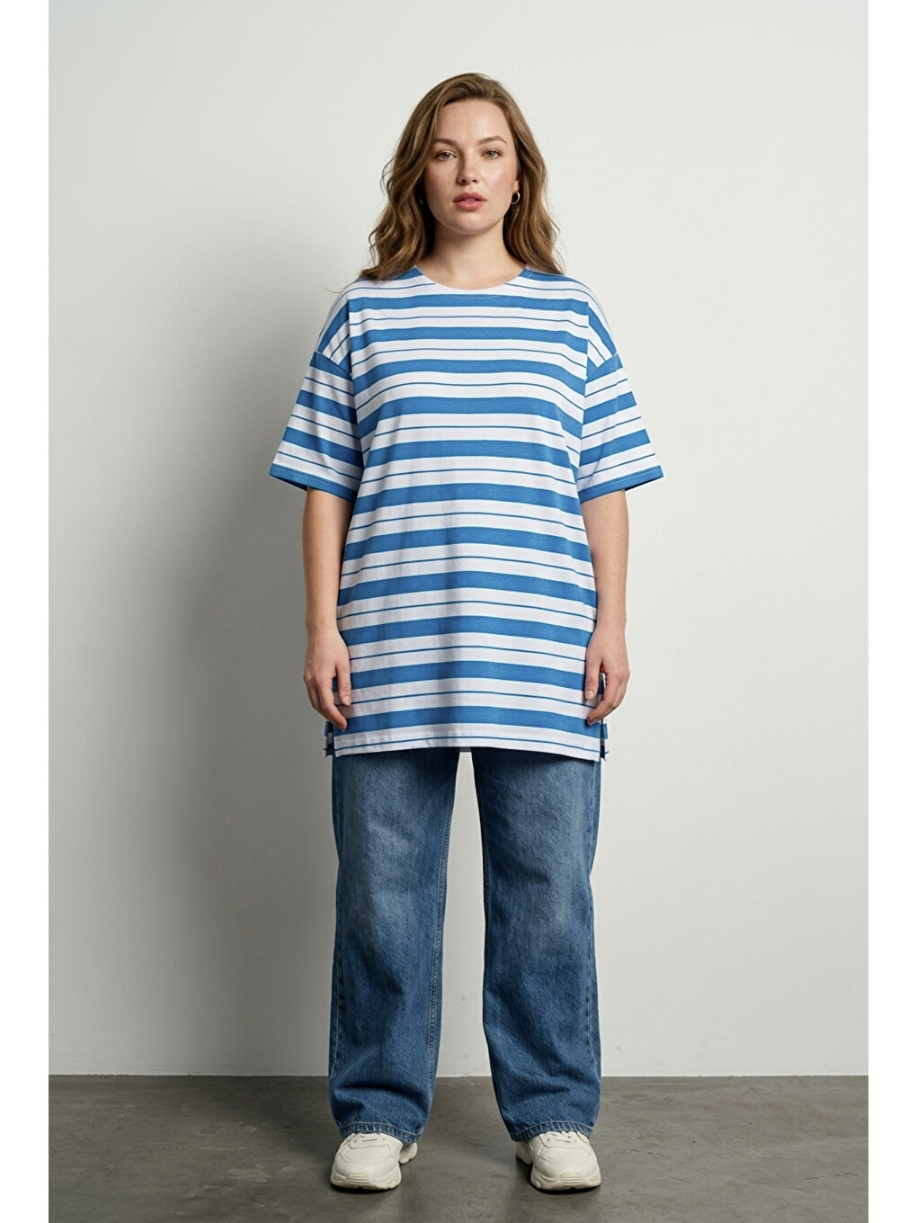 Mavi Bisiklet Yaka Kısa Kollu Çizgili Uzun Esnek Kumaş Tunik T-shirt-1