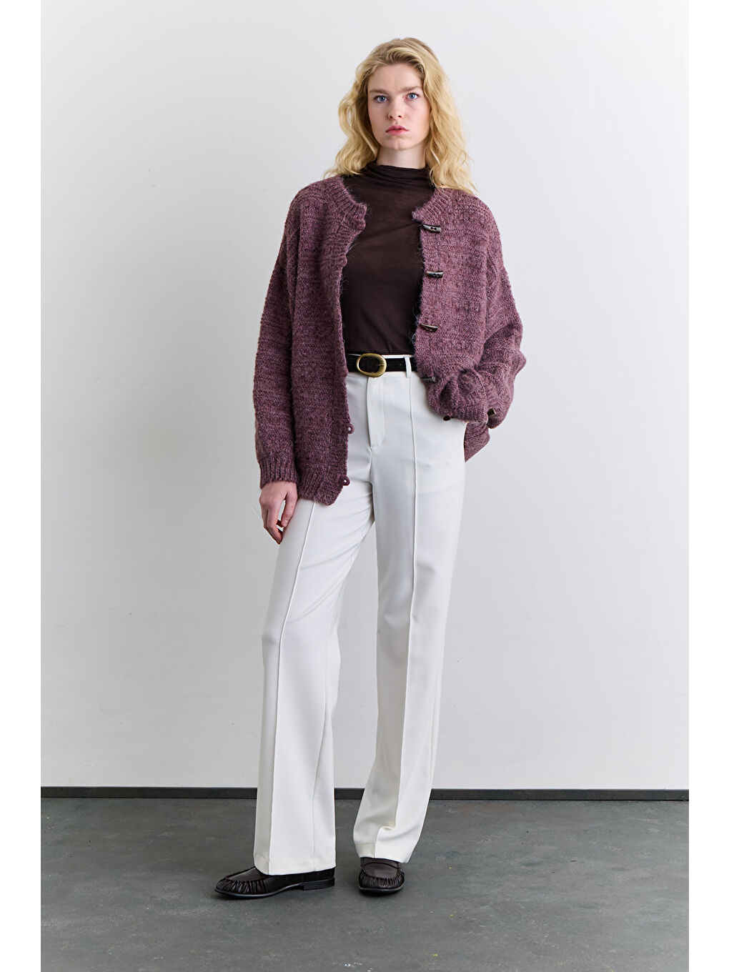 Geniş Düğmeli Triko Hırka Bordo-2