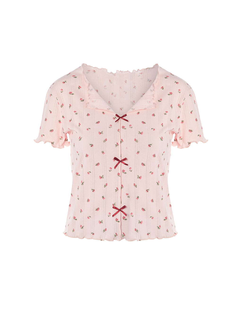 Pembe Kadın Kısa Kollu Fiyonklu Fitilli Pijama Takımı-1