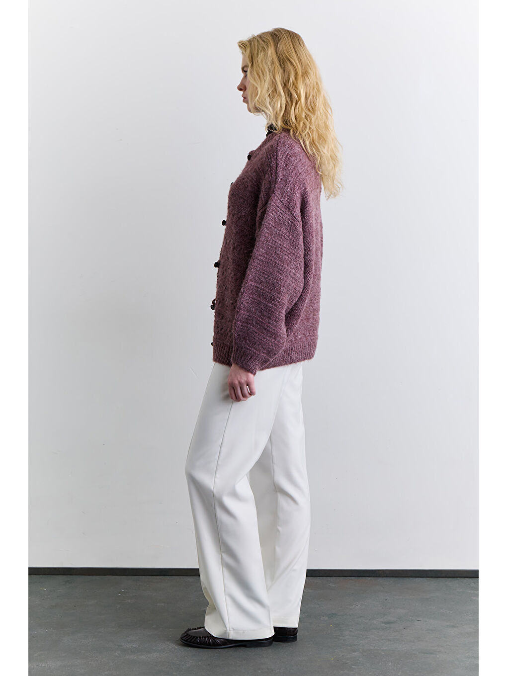 Geniş Düğmeli Triko Hırka Bordo-4