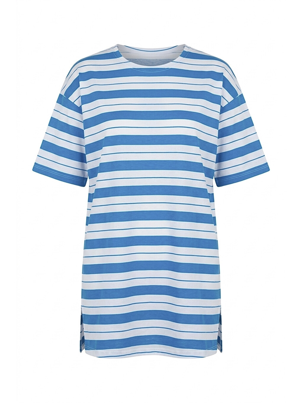 Mavi Bisiklet Yaka Kısa Kollu Çizgili Uzun Esnek Kumaş Tunik T-shirt-5