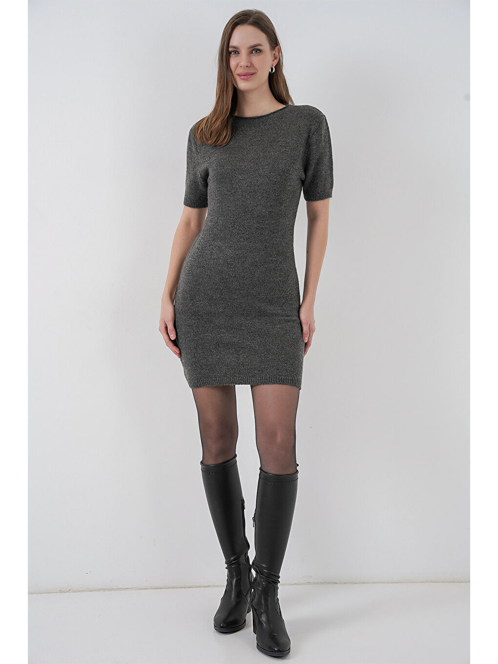 Kadın Kısa Kol Triko Elbise 15950 - Antrasit-1