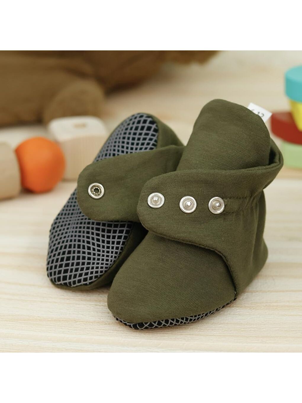 Organik Pamuk Bebek Patiği, Kaydırmaz Taban, Pamuklu Yenidoğan Pandufu Ev Kreş Ayakkabısı, Haki-1