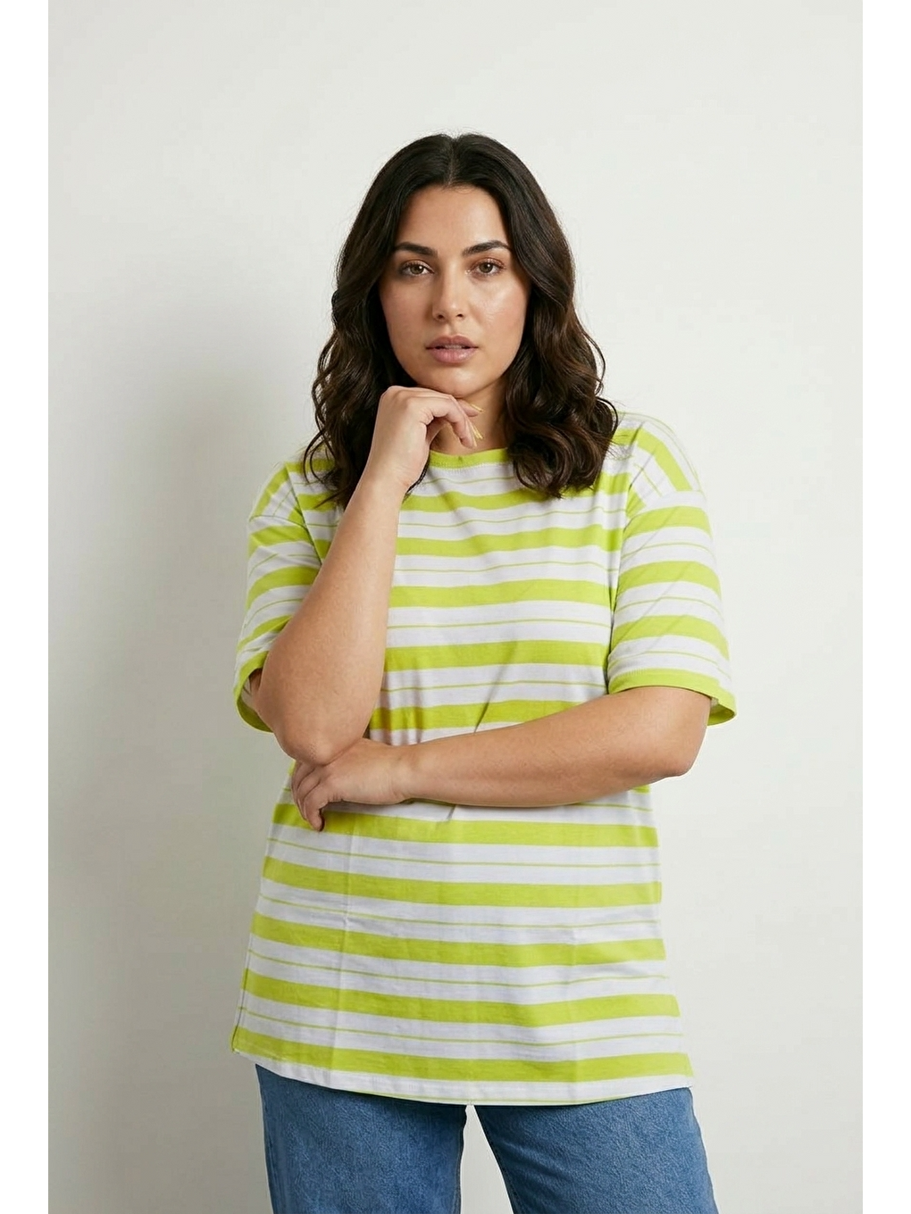 Yeşil Bisiklet Yaka Kısa Kollu Çizgili Uzun Esnek Kumaş Tunik T-shirt-1