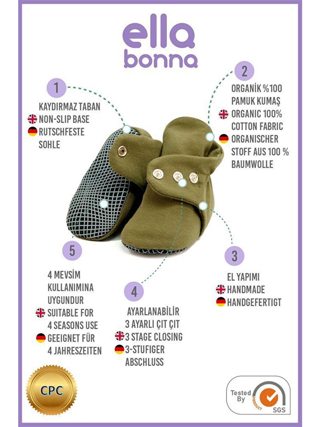 Organik Pamuk Bebek Patiği, Kaydırmaz Taban, Pamuklu Yenidoğan Pandufu Ev Kreş Ayakkabısı, Haki-2