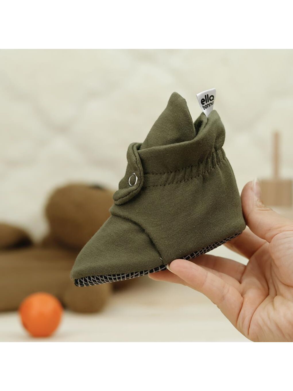 Organik Pamuk Bebek Patiği, Kaydırmaz Taban, Pamuklu Yenidoğan Pandufu Ev Kreş Ayakkabısı, Haki-3