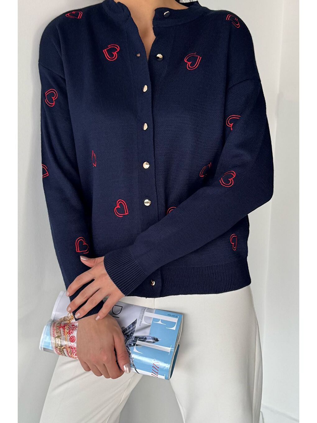Lacivert Kalp Nakışlı Kadın Triko Hırka (s-m-l Uyumludur)