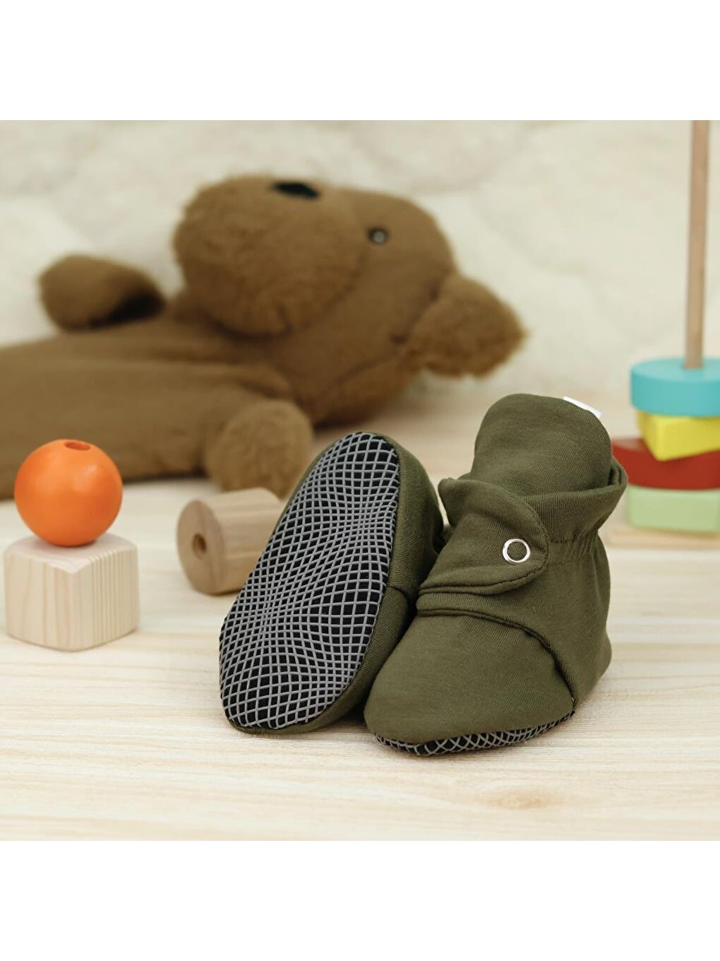 Organik Pamuk Bebek Patiği, Kaydırmaz Taban, Pamuklu Yenidoğan Pandufu Ev Kreş Ayakkabısı, Haki-4