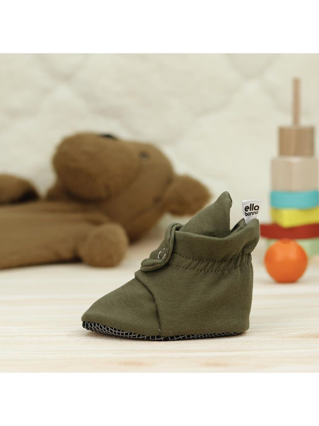 Organik Pamuk Bebek Patiği, Kaydırmaz Taban, Pamuklu Yenidoğan Pandufu Ev Kreş Ayakkabısı, Haki-5