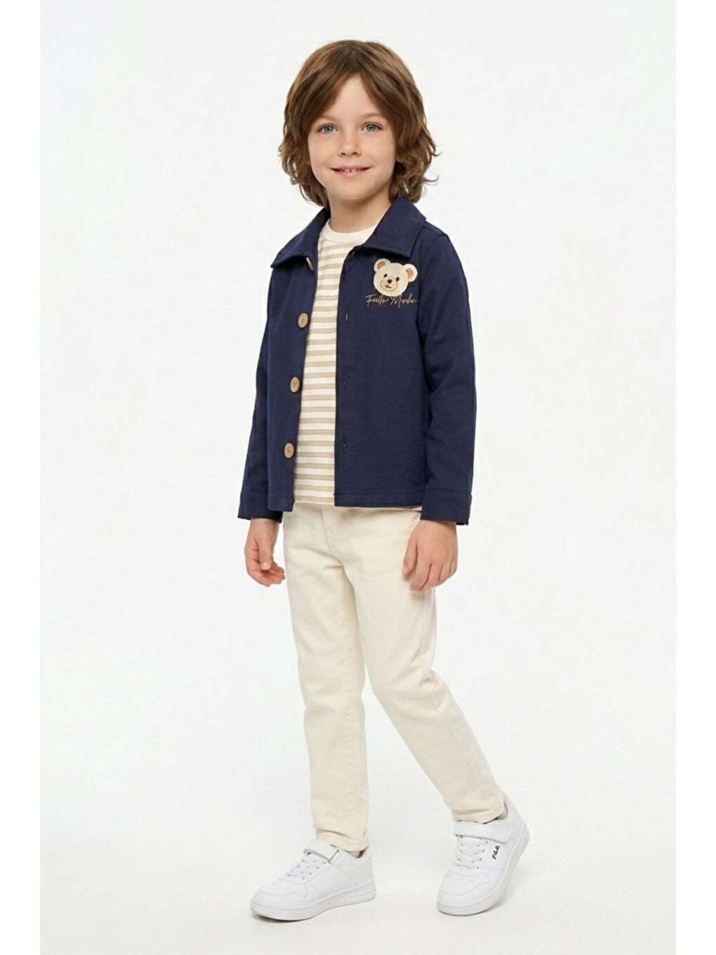 Lacivert %100 Pamuk Ayıcık Baskılı Çizgili Erkek Çocuk 2 Li Takım-1