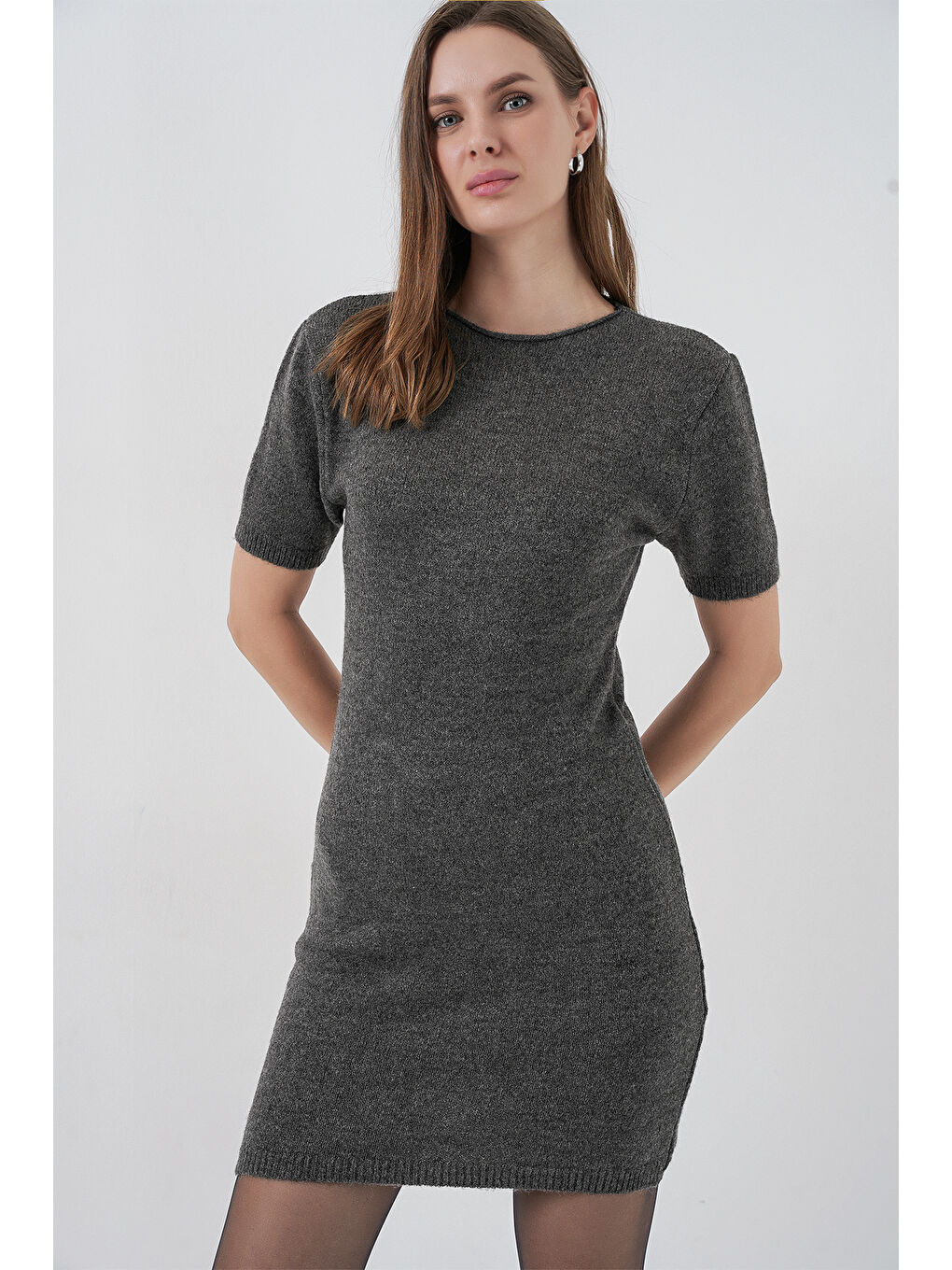 Kadın Kısa Kol Triko Elbise 15950 - Antrasit-3