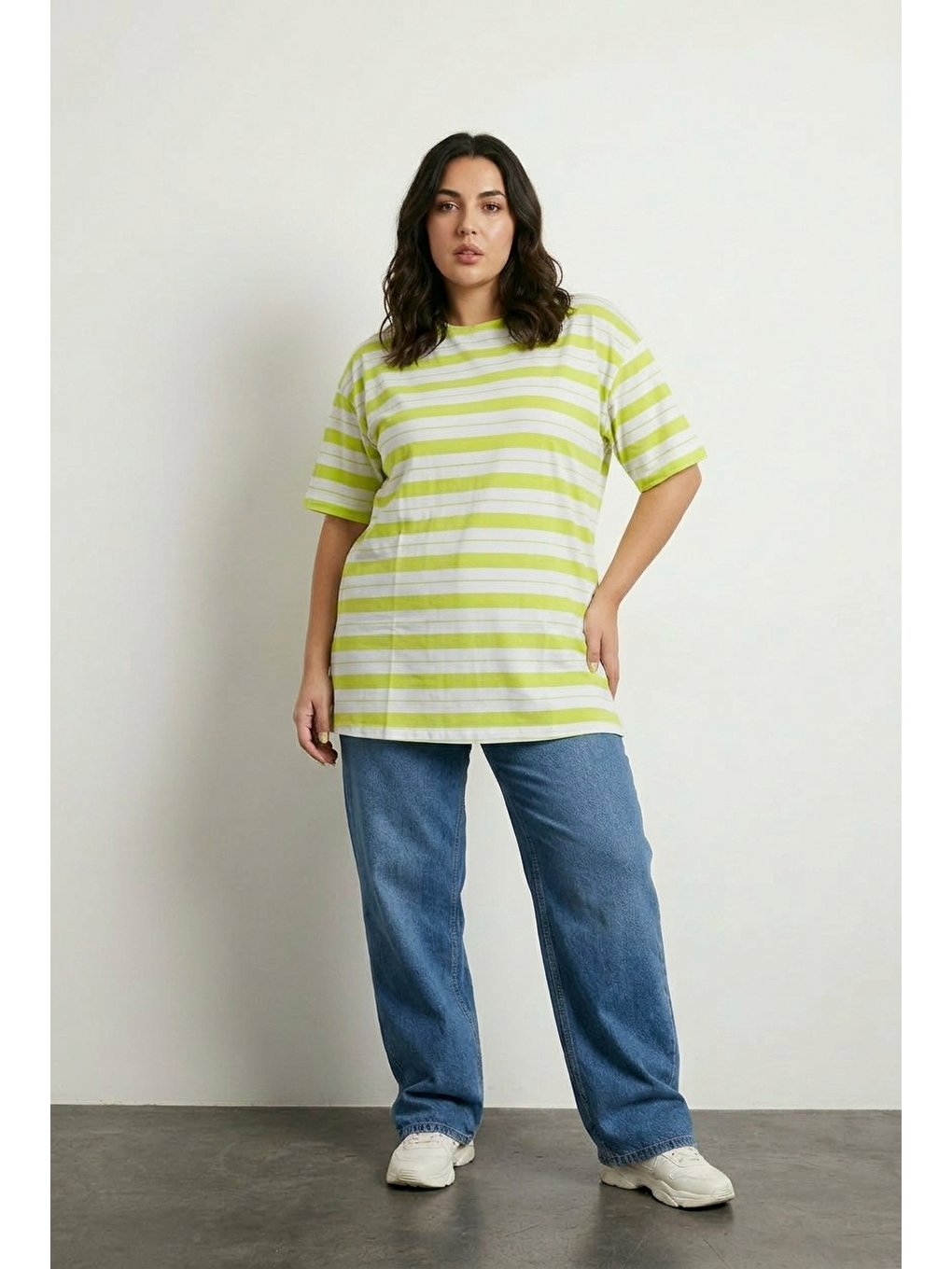 Yeşil Bisiklet Yaka Kısa Kollu Çizgili Uzun Esnek Kumaş Tunik T-shirt-4