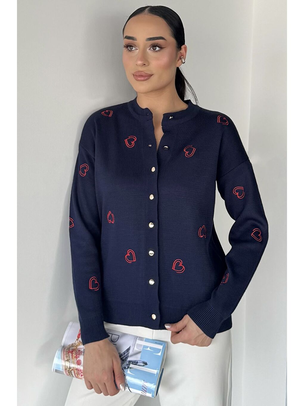 Lacivert Kalp Nakışlı Kadın Triko Hırka (s-m-l Uyumludur)-1