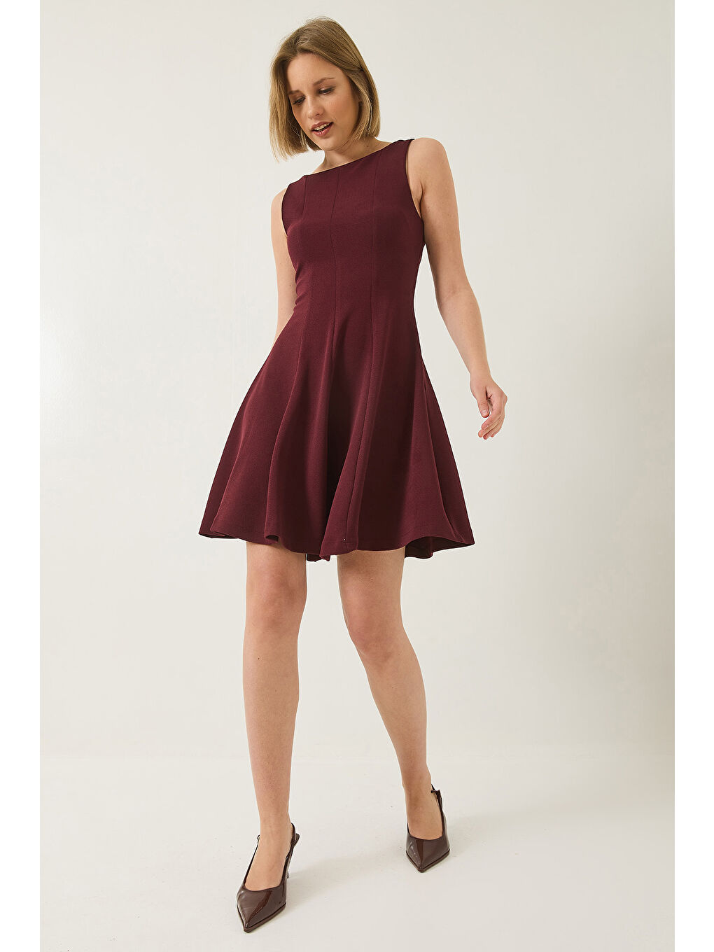 Bordo Kadın Kayık Yaka Godeli Mini Elbise-1