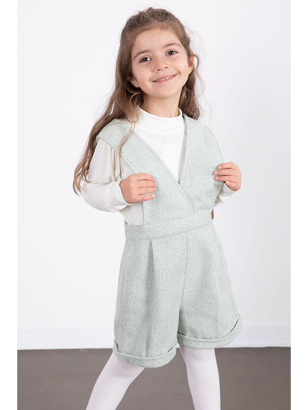 Yeşil Mint Kız Çocuk Melanj Krem Badili Salopet Takım 22694-2