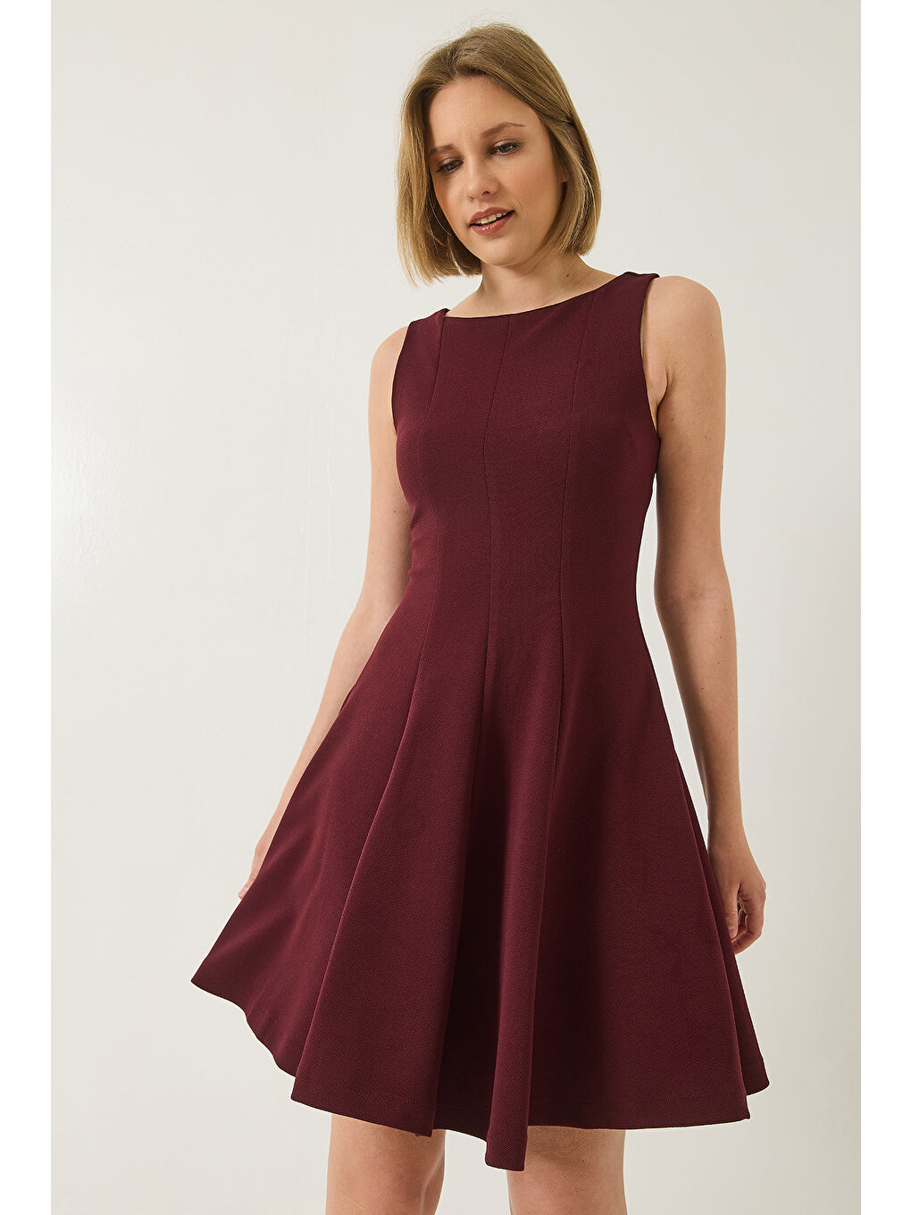 Bordo Kadın Kayık Yaka Godeli Mini Elbise-2