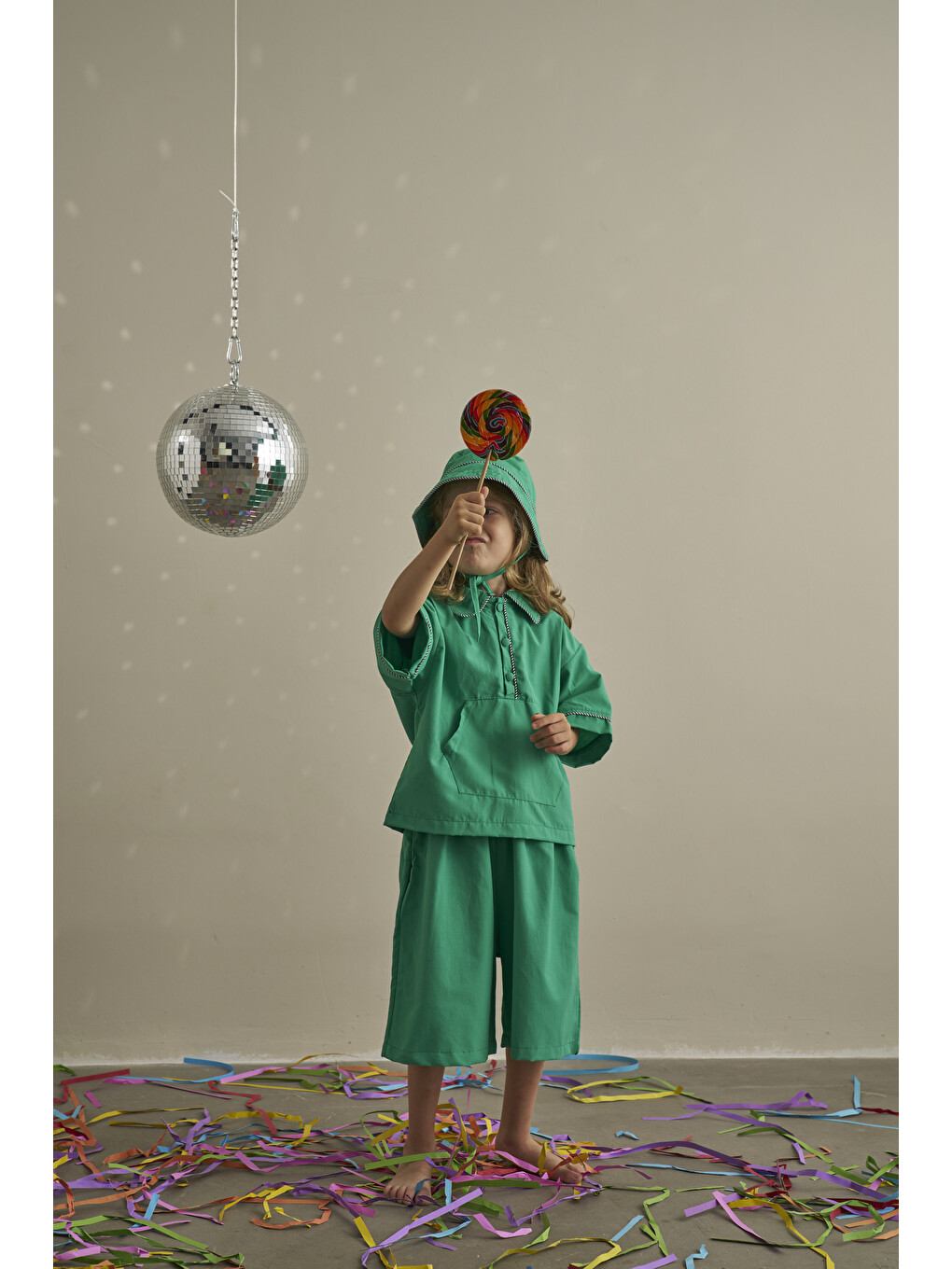 Yeşil Candy Summer Biyeli Şapkalı Poplin Takım-1