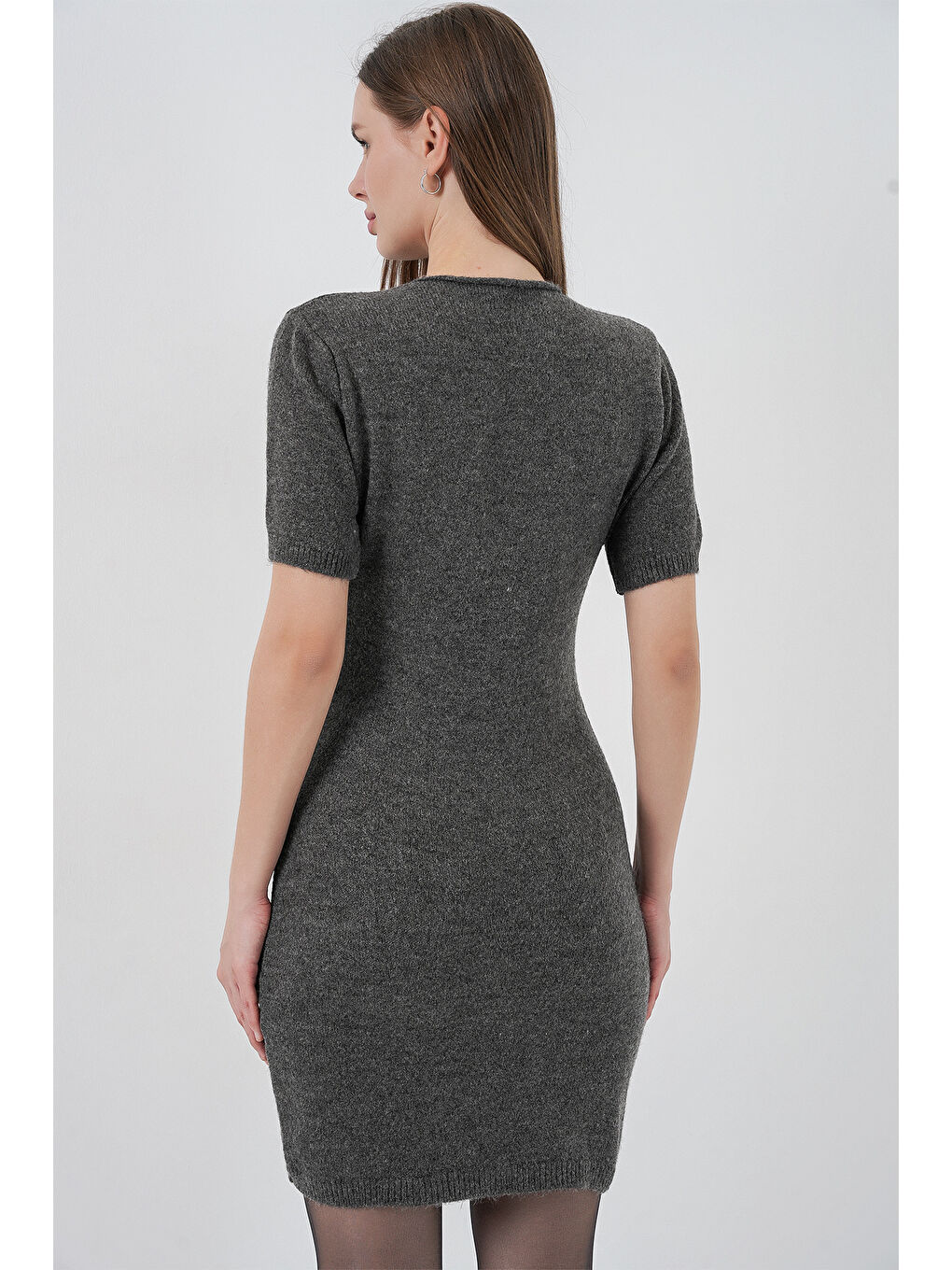 Kadın Kısa Kol Triko Elbise 15950 - Antrasit-5