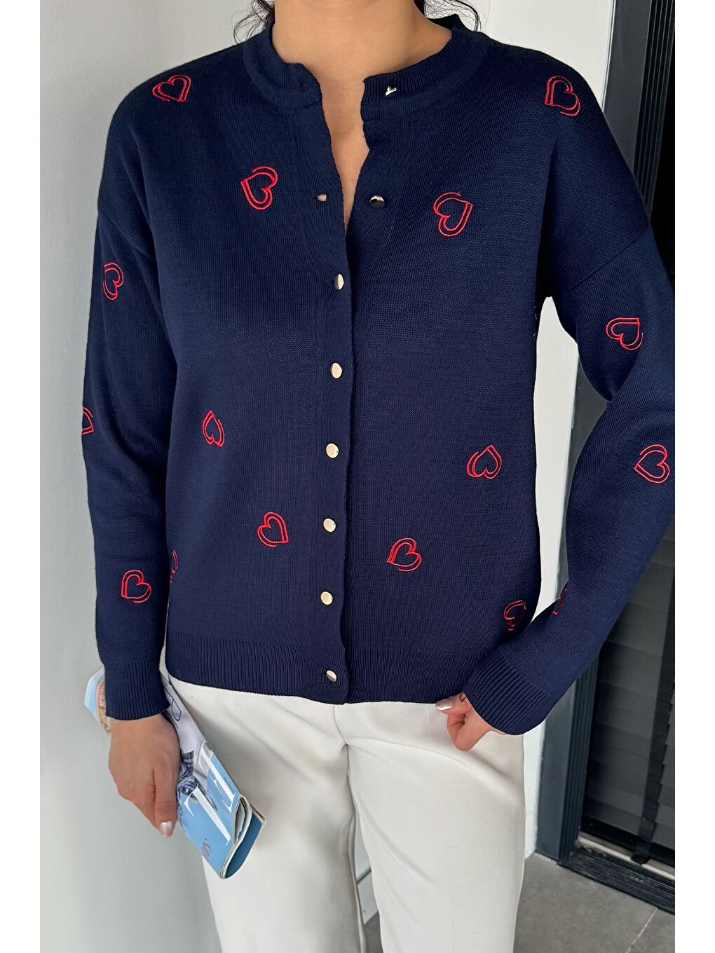 Lacivert Kalp Nakışlı Kadın Triko Hırka (s-m-l Uyumludur)-2