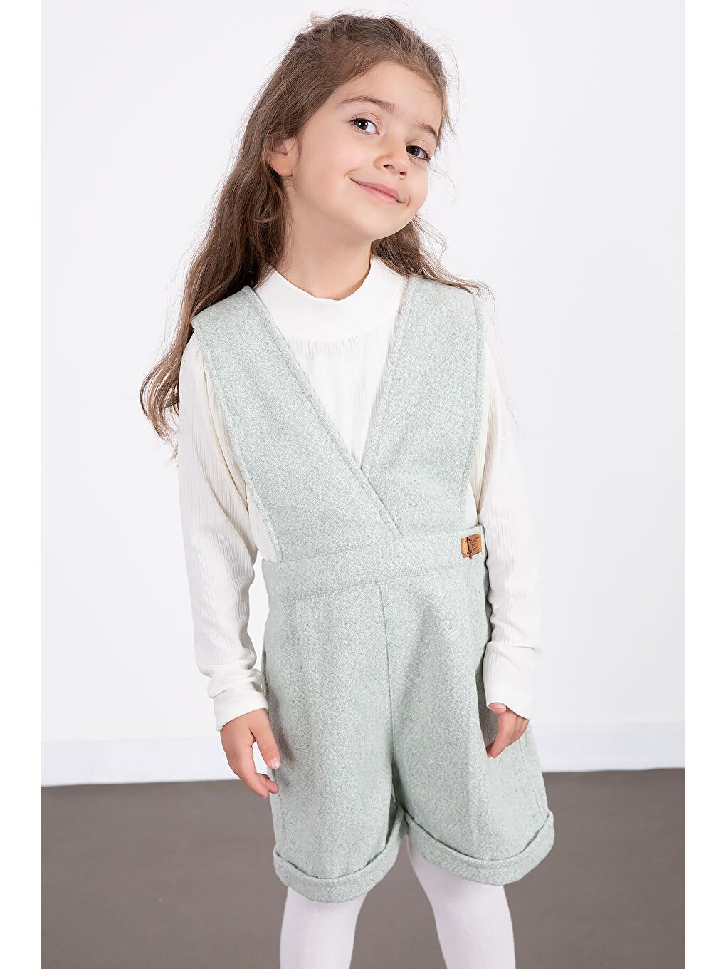 Yeşil Mint Kız Çocuk Melanj Krem Badili Salopet Takım 22694-4