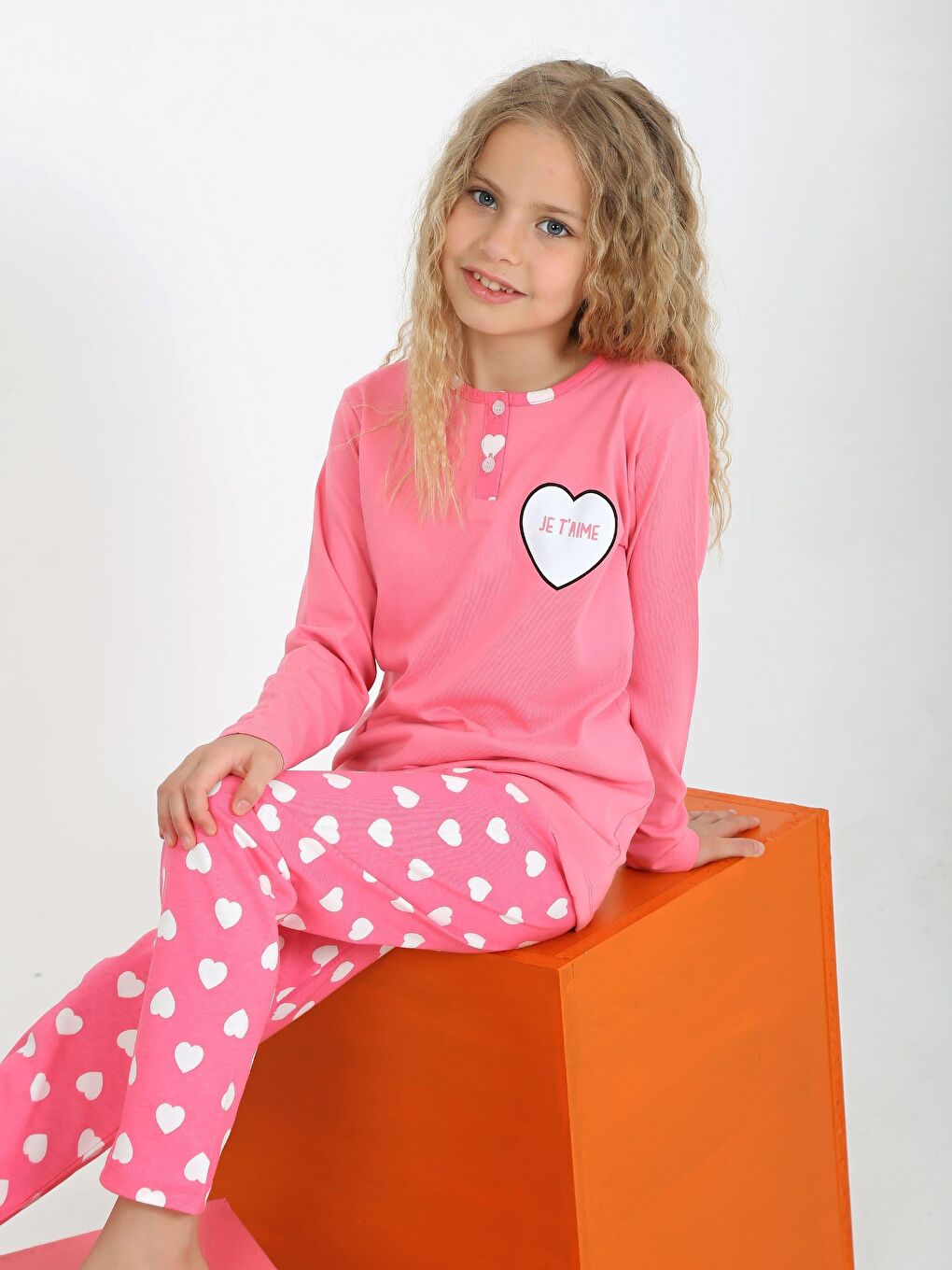 Pembe Kız Çocuk Uzun Kollu %100 Pamuklu Düğme Detaylı Pijama Takımı Je T'aime-1