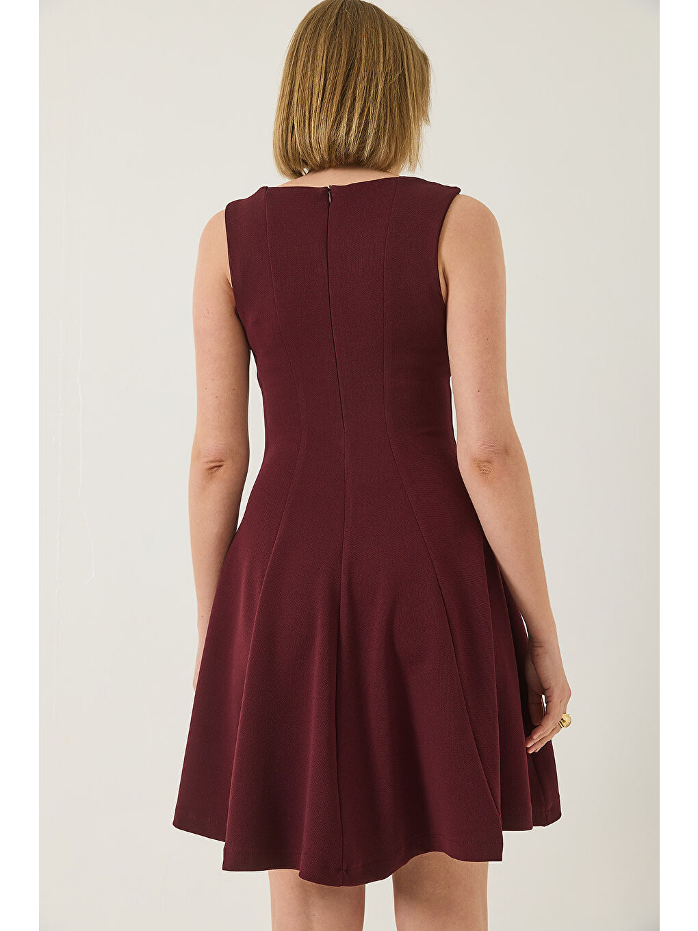 Bordo Kadın Kayık Yaka Godeli Mini Elbise-6