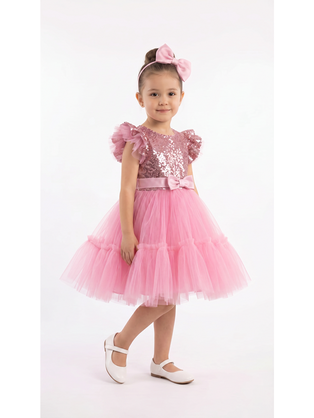 Pembe Pullu  Fırfırlı  Kız Çocuk Elbise-1