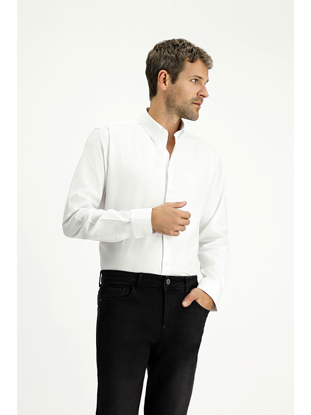 Beyaz Uzun Kol Slim Fit Dar Kesim Pamuk Oxford %100 Pamuk Gömlek-2