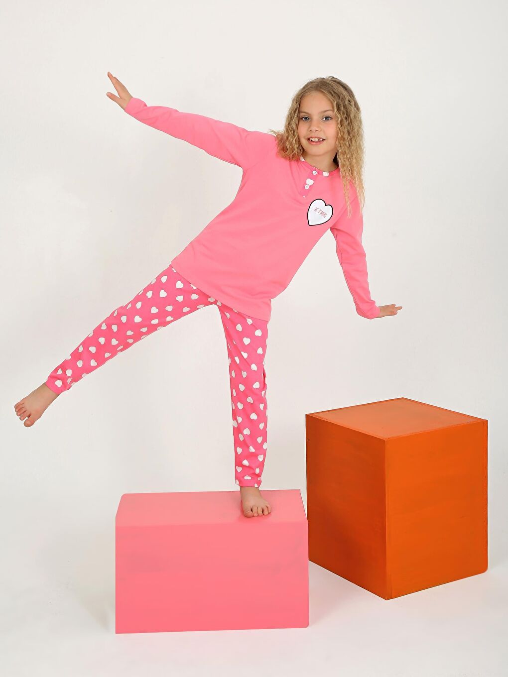 Pembe Kız Çocuk Uzun Kollu %100 Pamuklu Düğme Detaylı Pijama Takımı Je T'aime-2