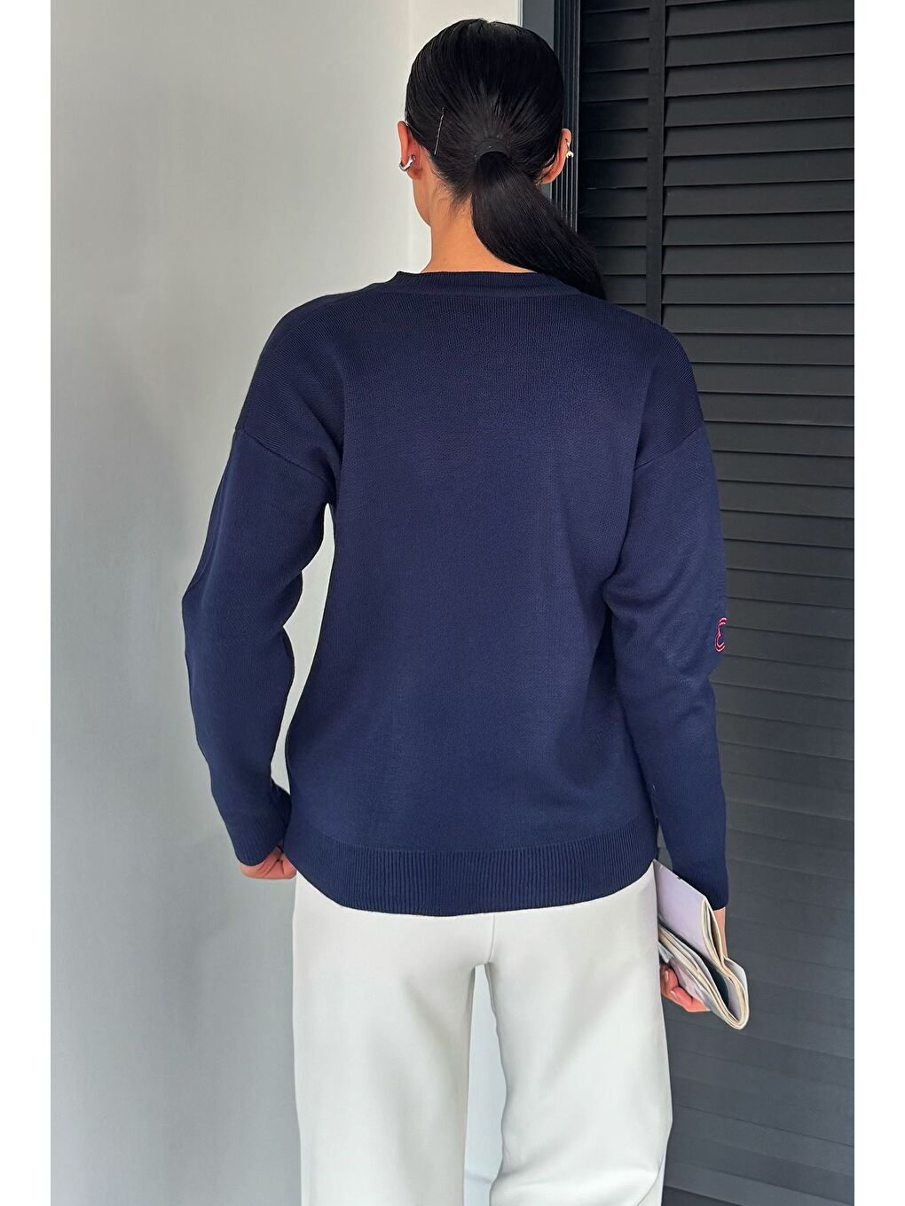 Lacivert Kalp Nakışlı Kadın Triko Hırka (s-m-l Uyumludur)-3