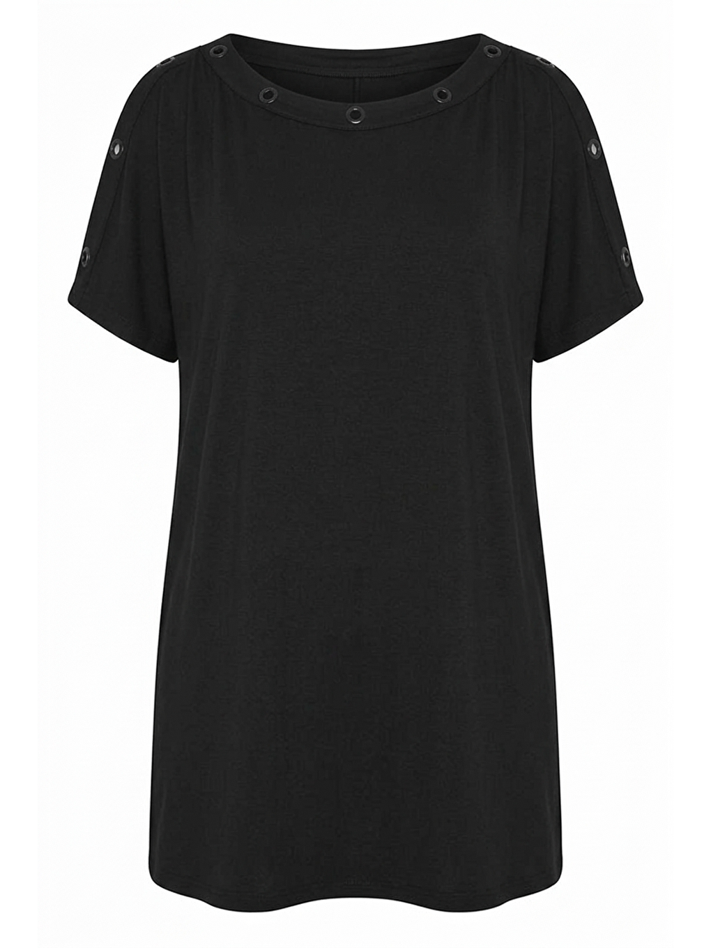 Siyah Bisiklet Yaka Kısa Kollu Omuz Detaylı Delikli Esnek Kumaşlı T-shirt-5