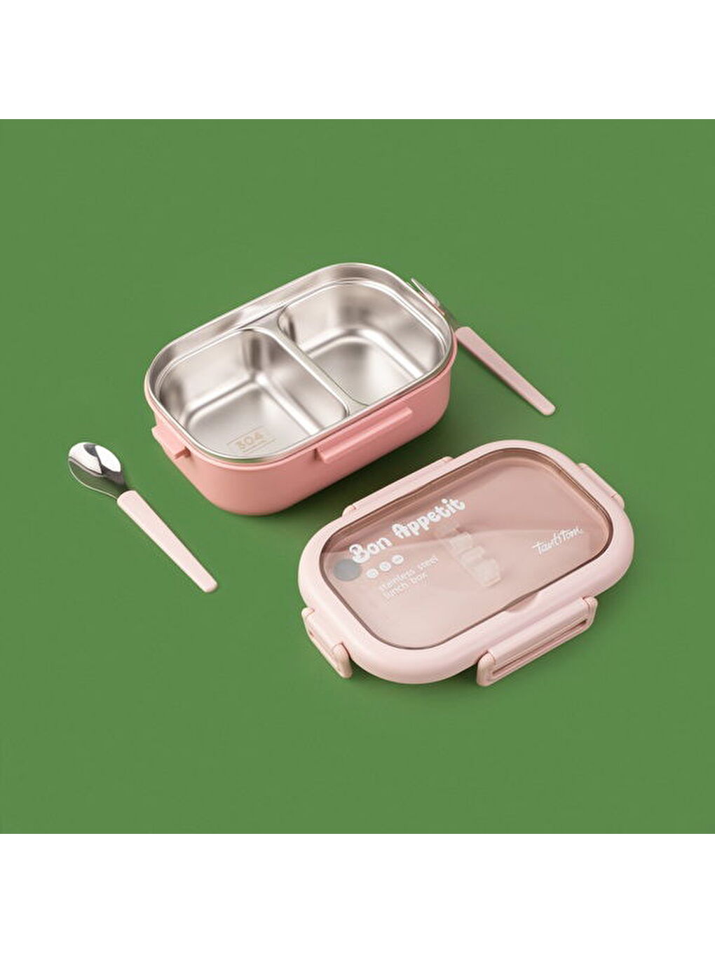 Tantioni Dikdörtgen Çatal ve Kaşıklı Yemek Taşıma Kabı - Pembe - 850 ml