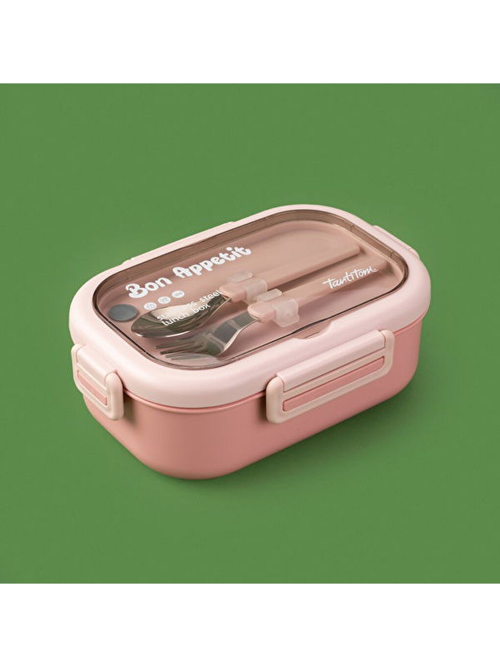 Tantioni Dikdörtgen Çatal ve Kaşıklı Yemek Taşıma Kabı - Pembe - 850 ml-1