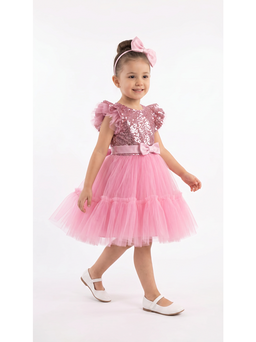 Pembe Pullu  Fırfırlı  Kız Çocuk Elbise-2