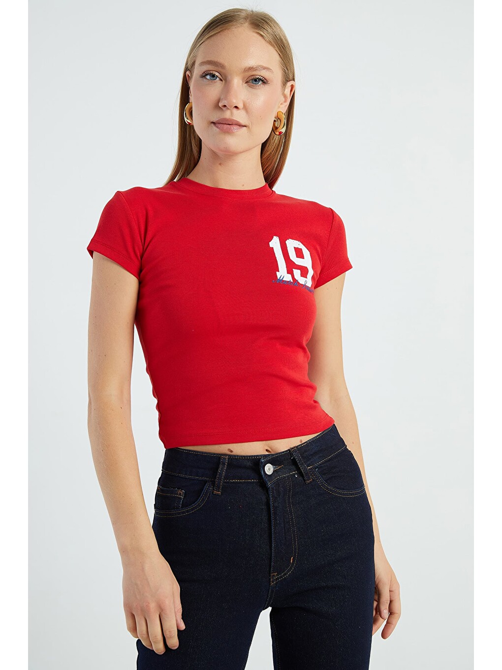 Kırmızı 19 Baskılı Slim Fit Tişört-1