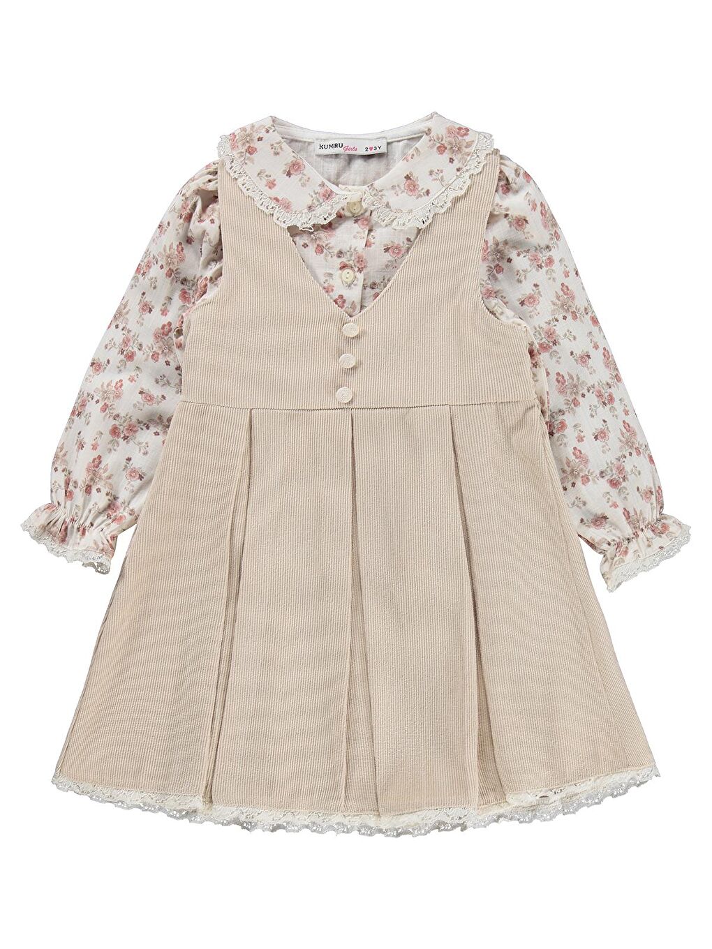 Civil Girls Çiçek Gömlekli 2 Li 2-5 Yaş Elbise - Bej 5-6 Yaş