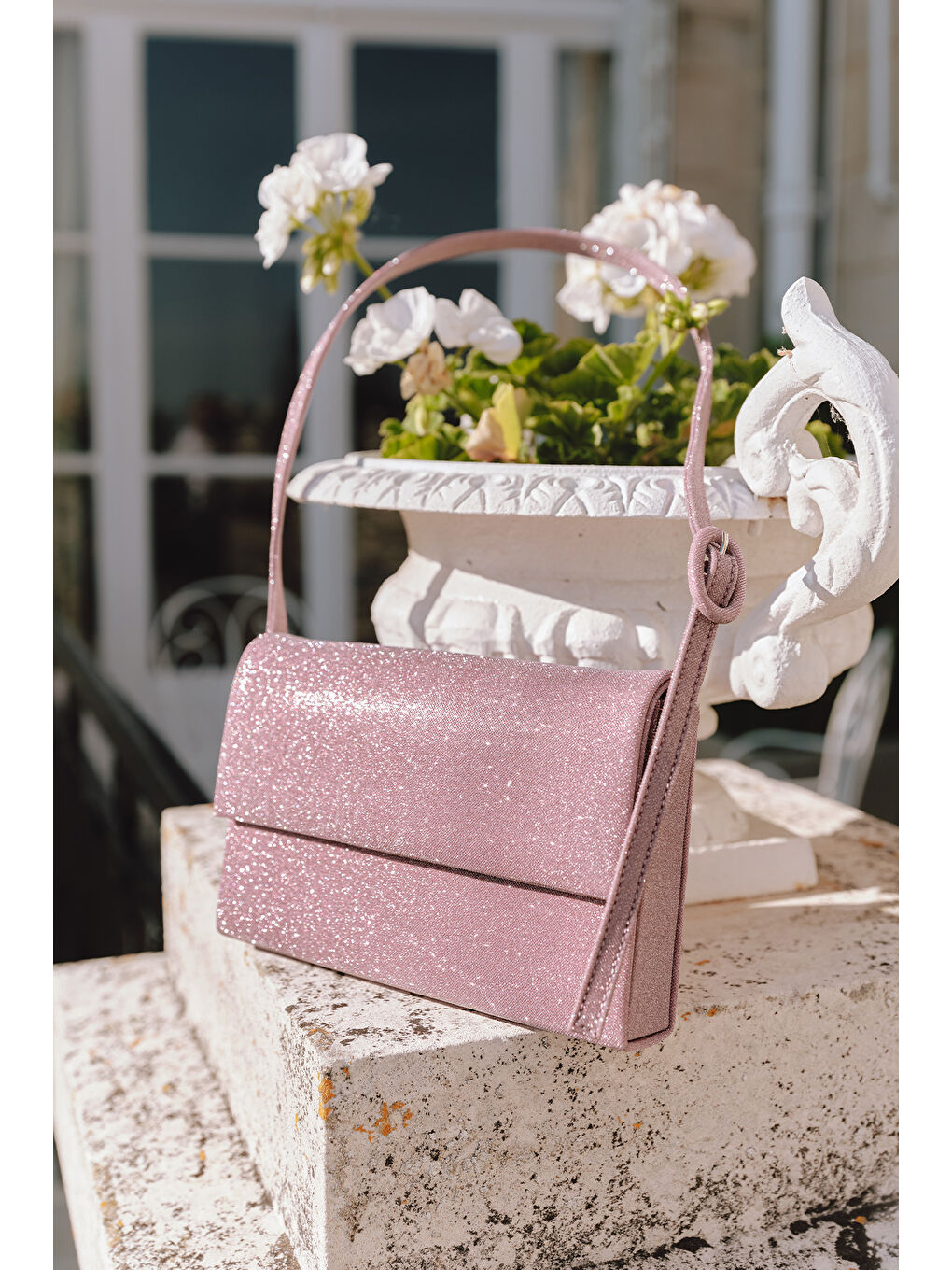 Pembe Işıltılı Kapaklı Abiye Çanta Pudra