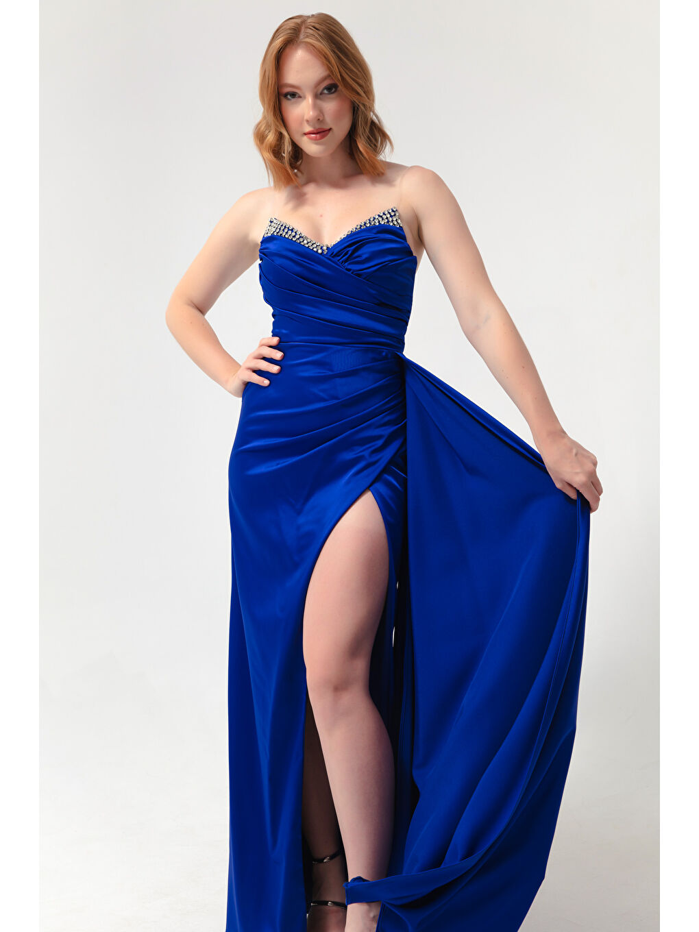 Mavi Kadın Saks Göğüs Taşlı Uzun Abiye Elbise-2