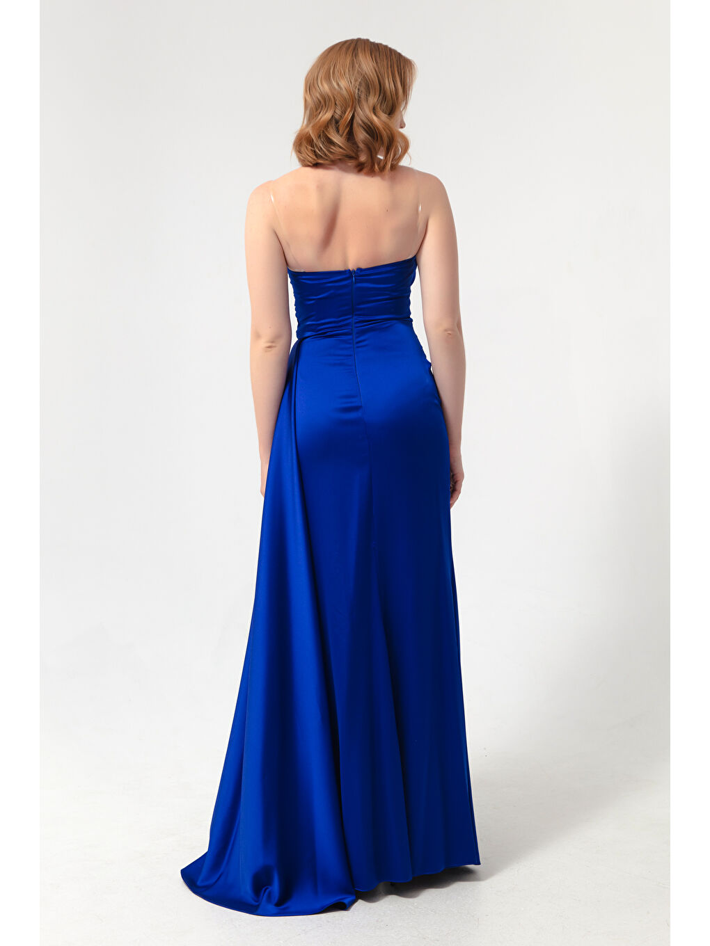 Mavi Kadın Saks Göğüs Taşlı Uzun Abiye Elbise-4