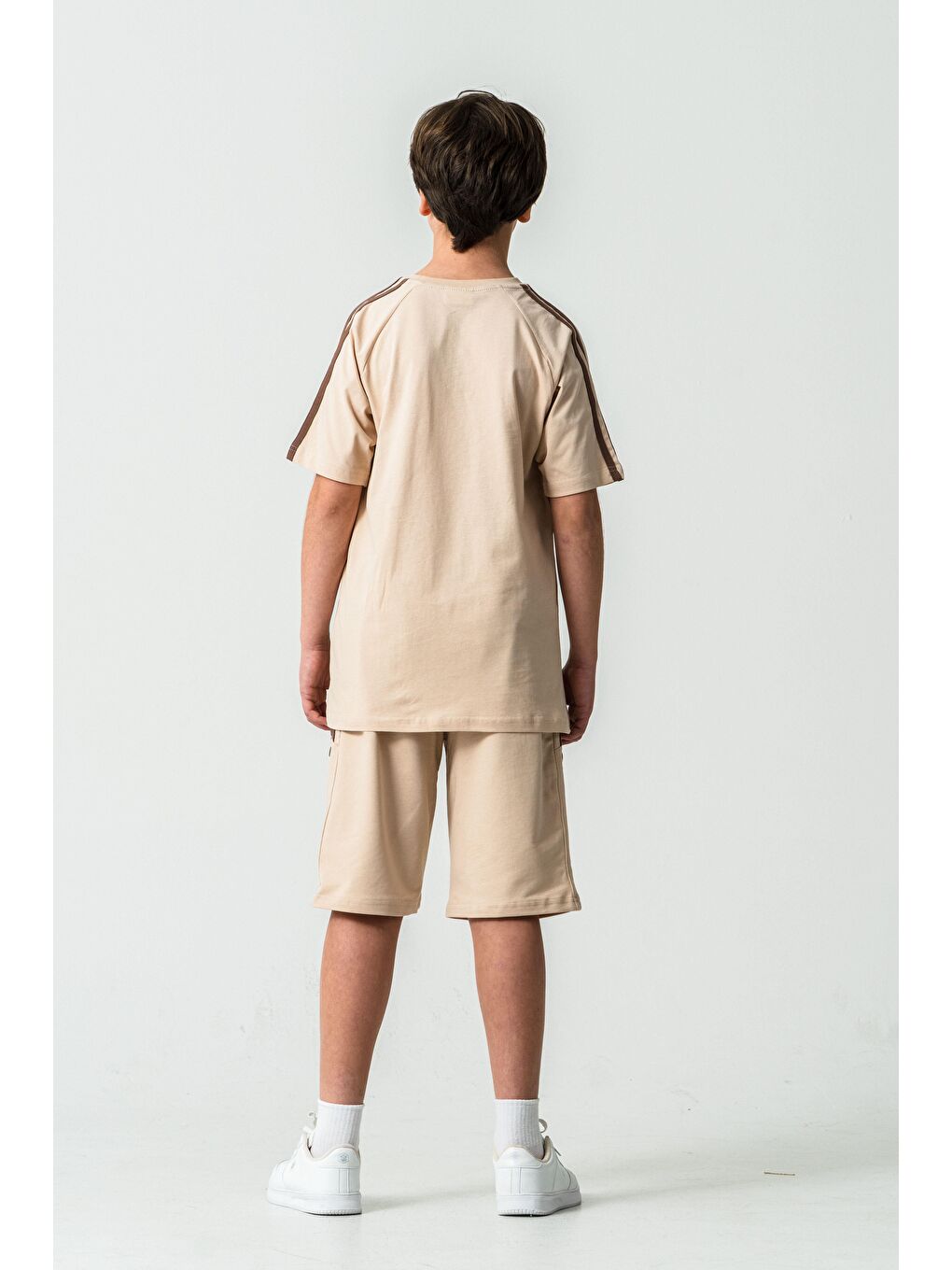 Bej College League Los Angels Baskılı Alt Yanlar Biyeli Ve Çıtçıtlı Erkek Çocuk Şort - Tişört Takımı-4