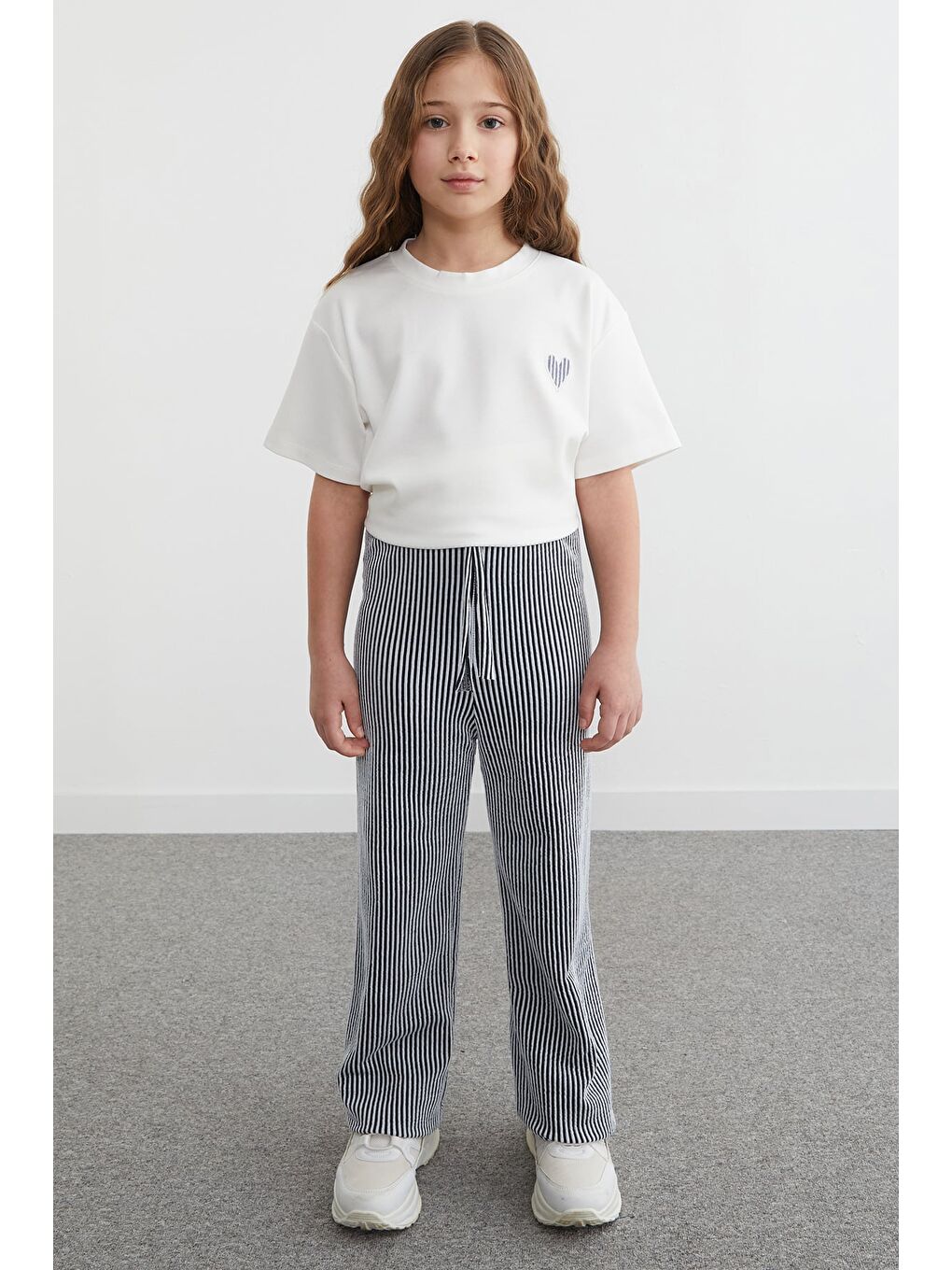 Lacivert Beli Lastikli Çizgili Palazzo Kız Çocuk Pantolon