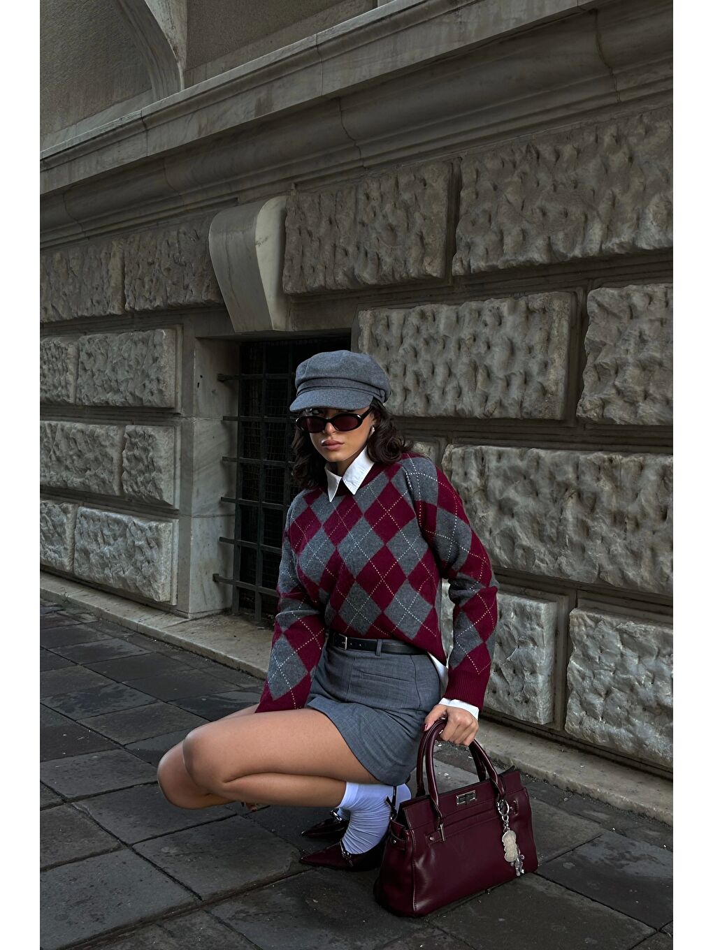 Kadın Bordo Baklava Desen Kazak 1014-5219-4