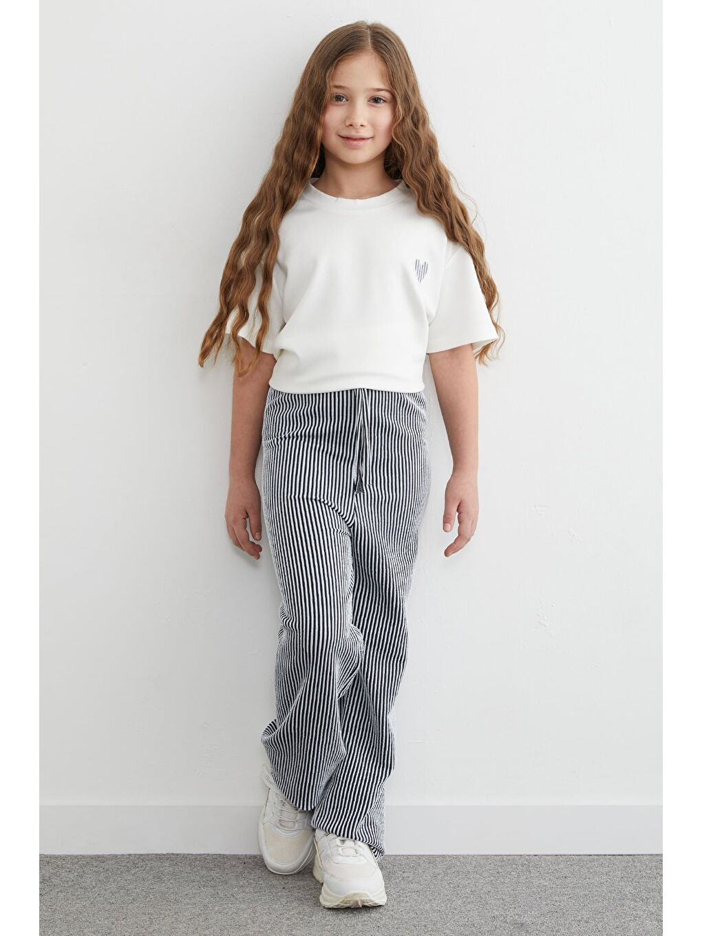 Lacivert Beli Lastikli Çizgili Palazzo Kız Çocuk Pantolon-1