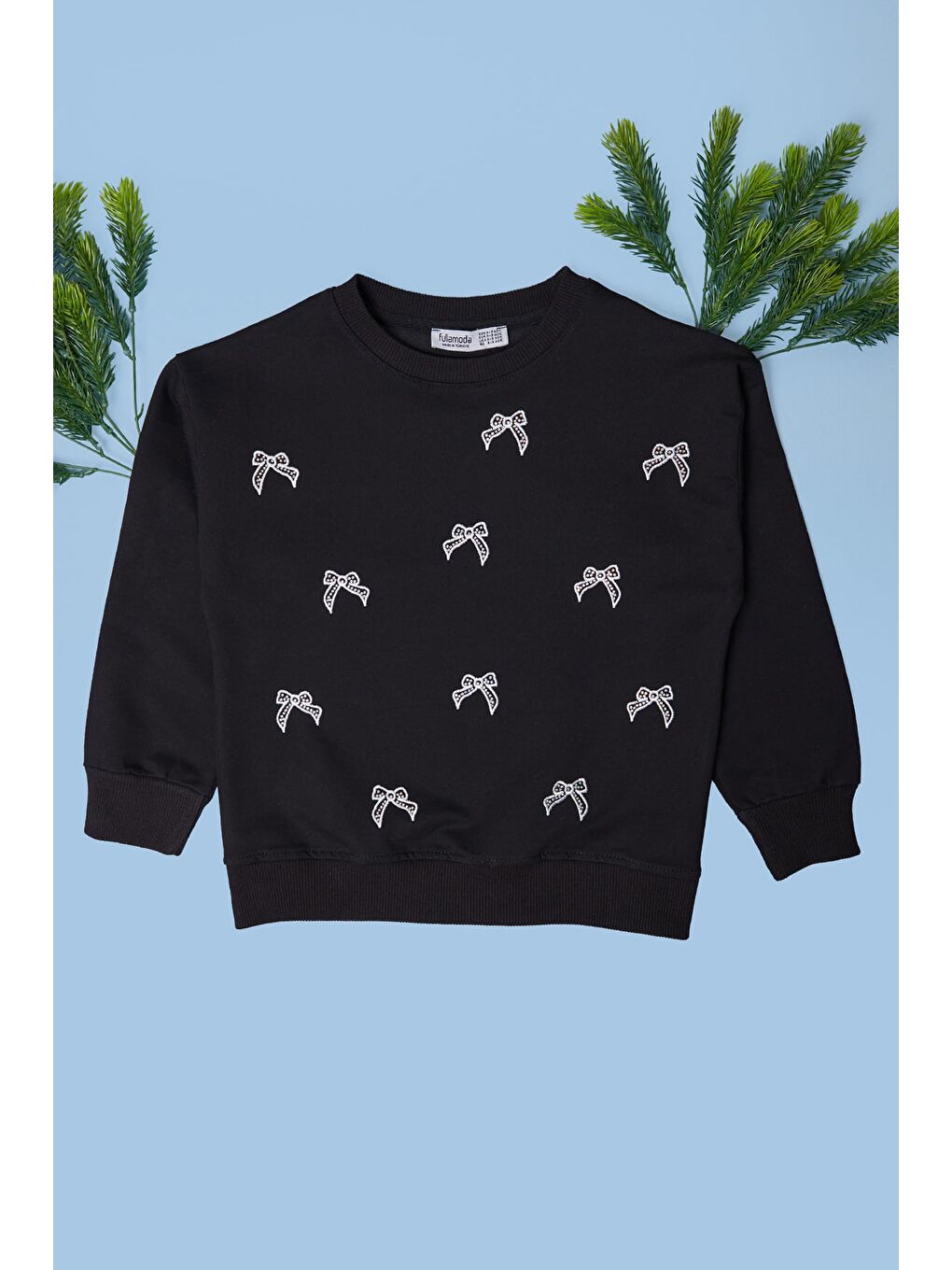 Siyah Fiyonk Nakışlı Taşlı Kız Çocuk Sweatshirt
