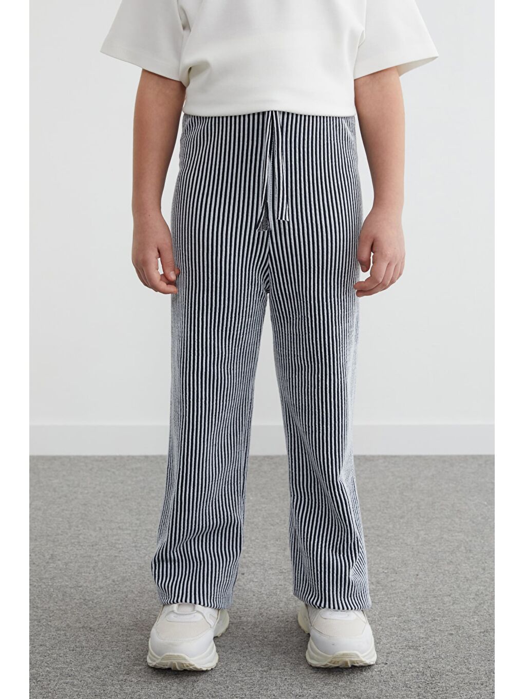 Lacivert Beli Lastikli Çizgili Palazzo Kız Çocuk Pantolon-2