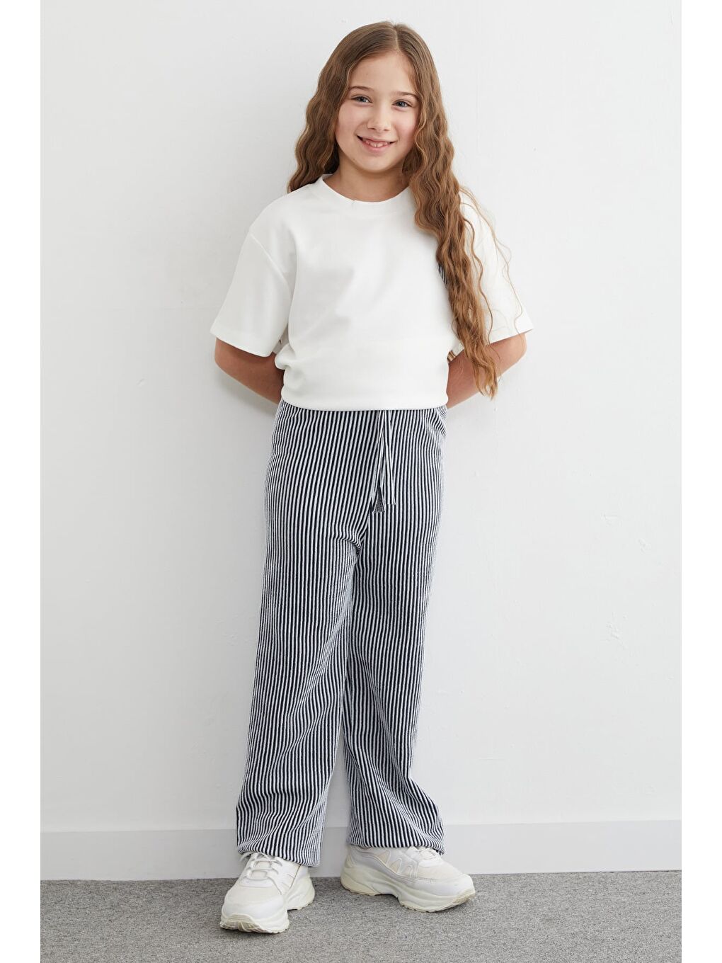 Lacivert Beli Lastikli Çizgili Palazzo Kız Çocuk Pantolon-3