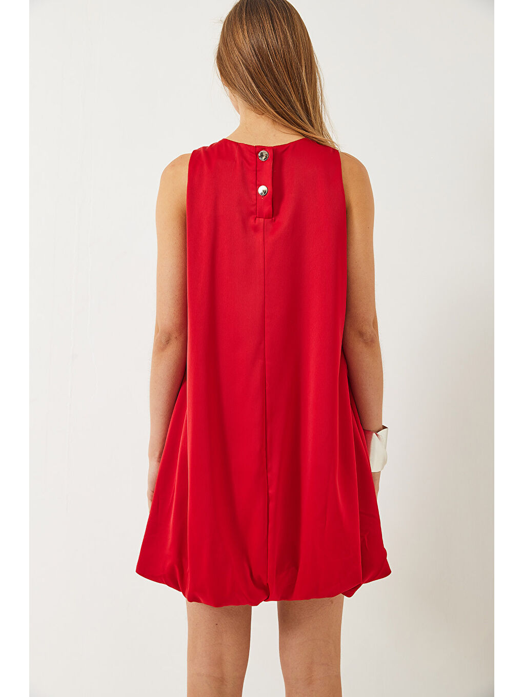 Kırmızı Kadın Etek Ucu Lastikli Astarlı Saten Balon Elbise-6