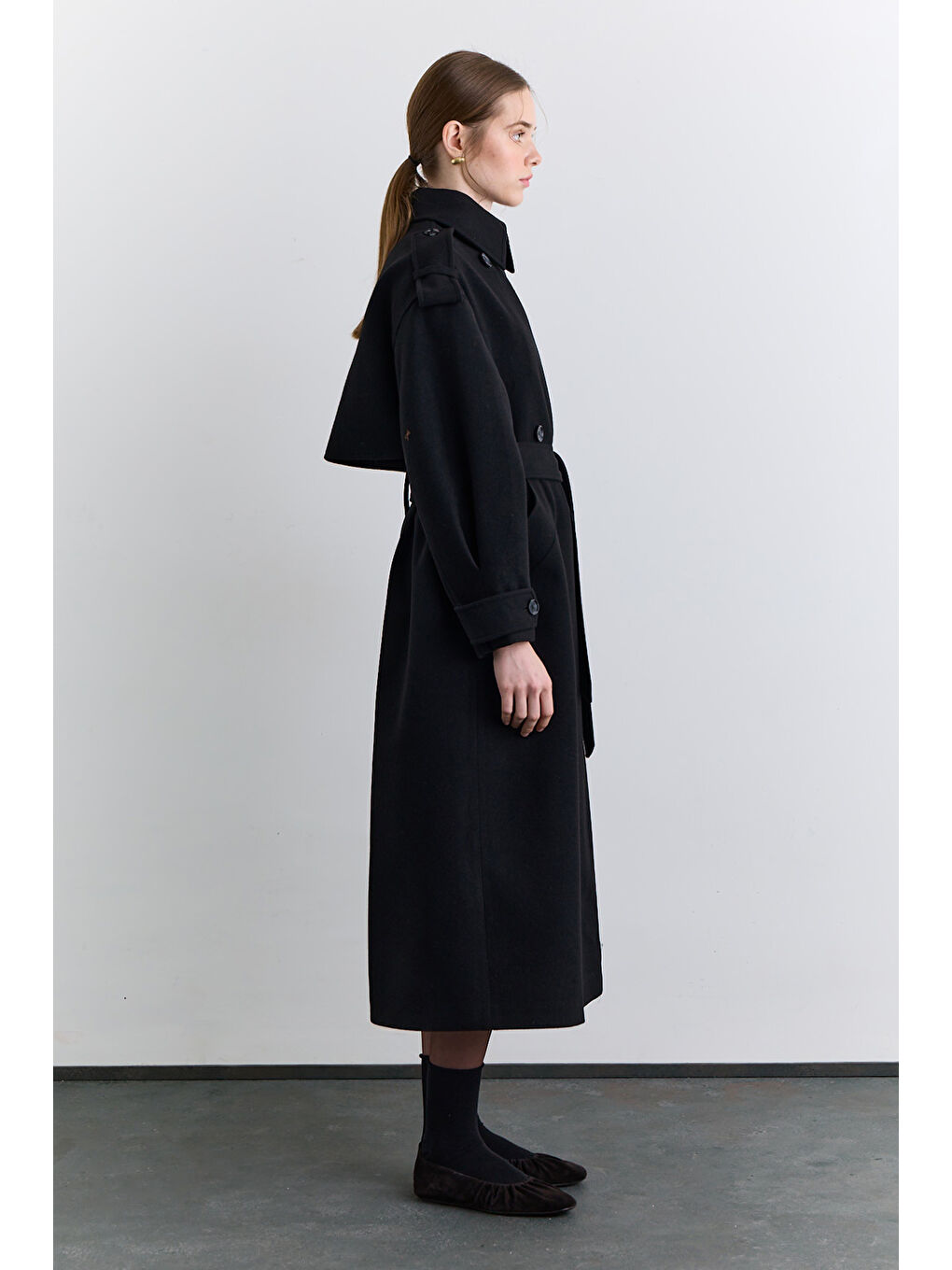 Kruvaze Geniş Yaka Palto Siyah-4