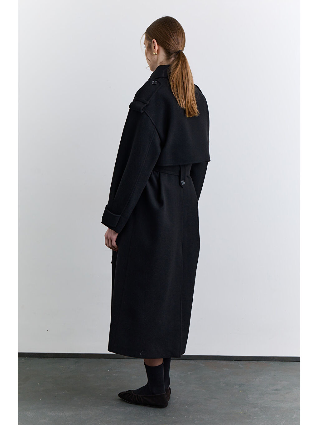 Kruvaze Geniş Yaka Palto Siyah-5